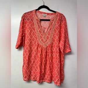 Sundance Coral Embroidered Tunic Medium V Neck Travel Resort boho Beach blouse X